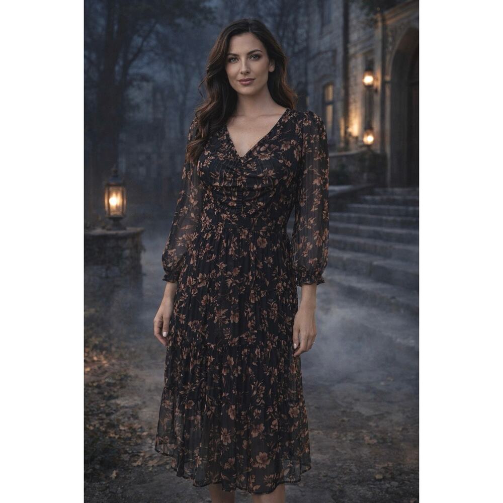 Womens Dark Floral Midi Dress Sz S Sheer Babydoll Smock TieBack Ruche Dark Fairy